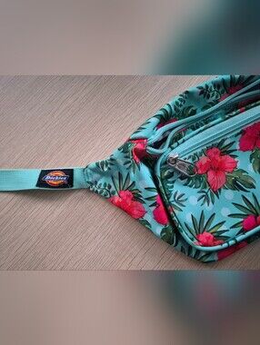 Dickies Teal Floral Fanny Pack with Pink Hibiscus